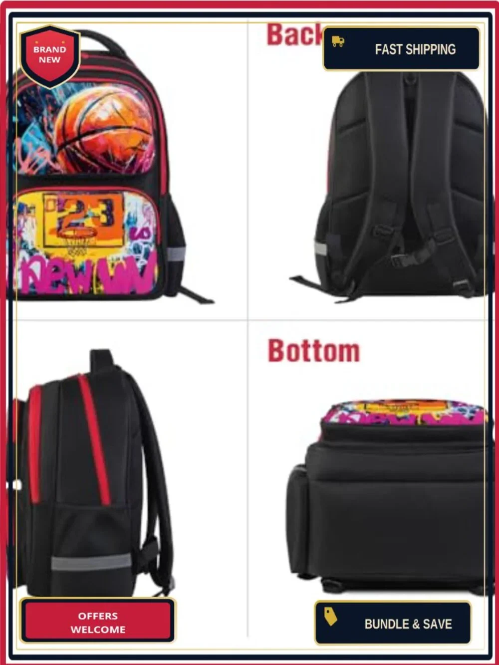 Boys Basketball Backpack Set with Lunch Bag, Water Resistant Oxford Polyester,